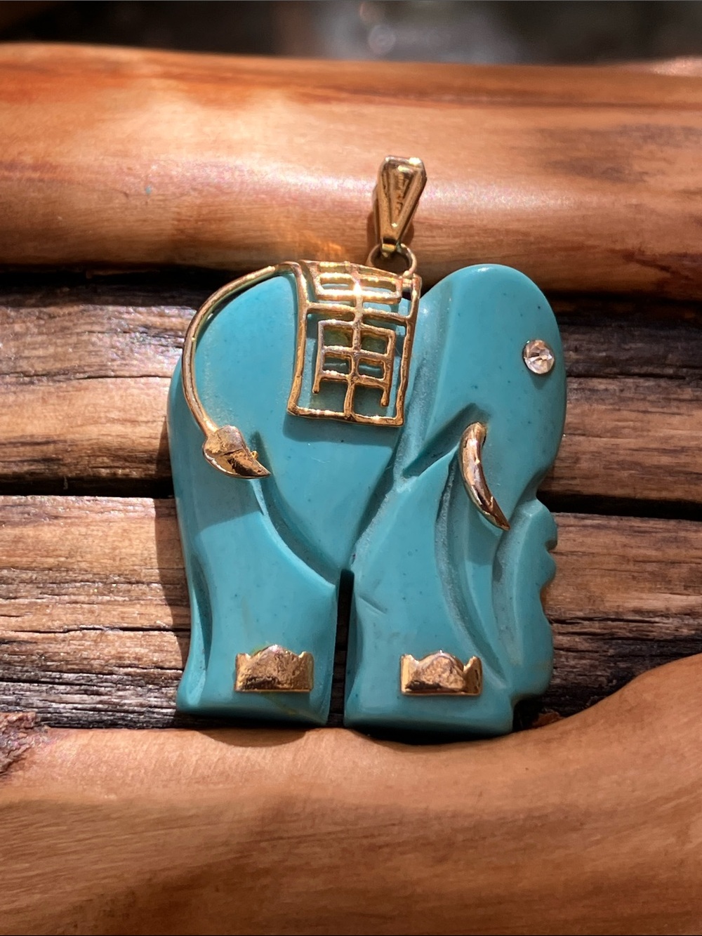 Vintage Faux Turquoise Elephant Pendant Gold ToneAccent